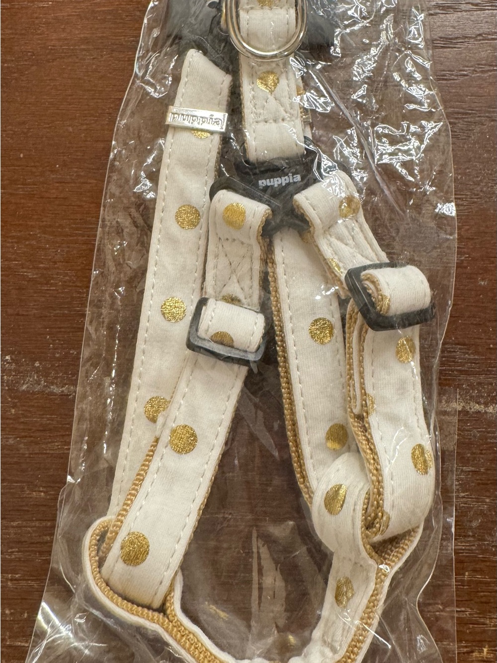 Puppia Collection Dog Harness, Size M in Ivory with Metallic Gold Polka Dots